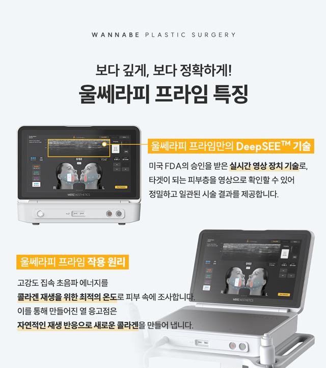 울쎄라피 프라임만의 DeepSEE 기술 - 미국 FDA의 승인을 받은 실시간 영상 장치 기술, 울쎄라피 프라임 작용 원리 - 콜라겐 재생을 위한 최적의 온도, 자연적인 재생 반응으로 새로운 콜라겐 생성.