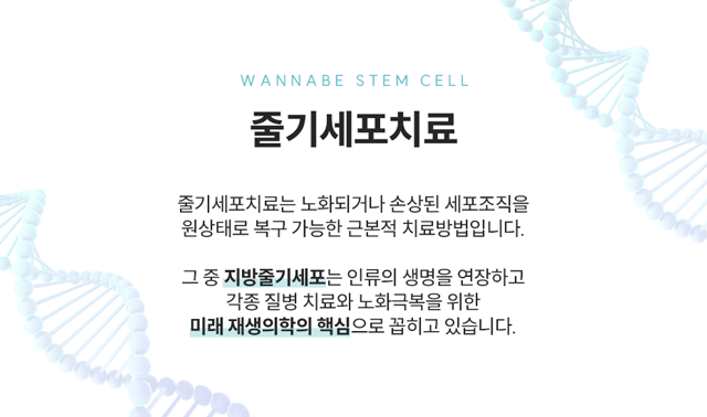 줄기세포치료 - 노화되거나 손상된 세포조직을 원상태로 복구 가능한 근본적 치료방법입니다. 지방줄기세포는 인류의 생명을 연장하고 각종 질병 치료와 노화 극복을 위한 미래 재생의학의 핵심으로 꼽히고 있습니다.